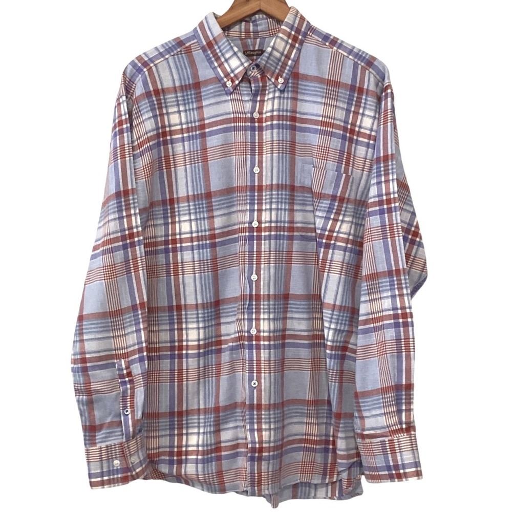 J. McLaughlin Mens XL Plaid Button Down Shirt Blue Red Long Sleeve Cotton